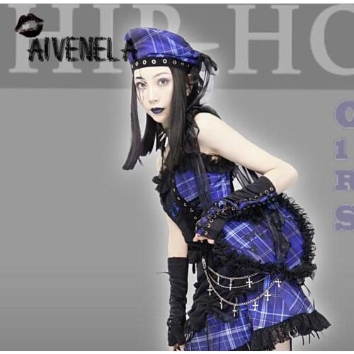 Harajuku Gothic Punk Hat Blue Plaid Hot Girls Drawstring Bow Beret Navy Cap Hats AFC915