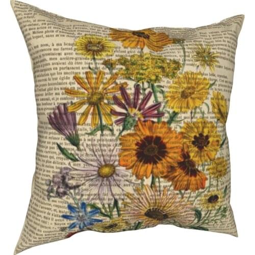 Botanical Print On Old Book Page Garden Flowers Pillowcase Printed Cushion Cover Decorations Throw Pillow Case Cover Car 40X40cm