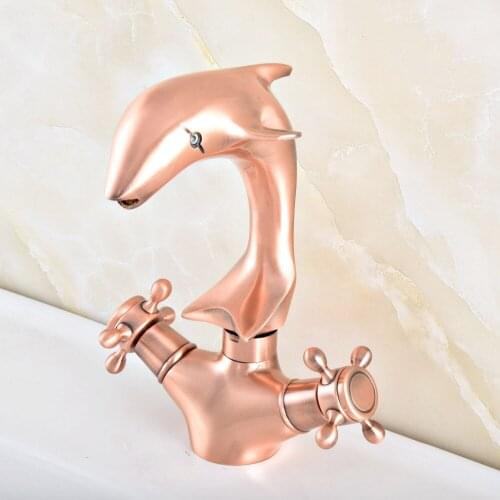 Antique Red Copper Brass Swivel Spout Dual Cross Handles Cute Animal Dolphin Style Bathroom Kitchen Sink Faucet Mixer Tap asf848