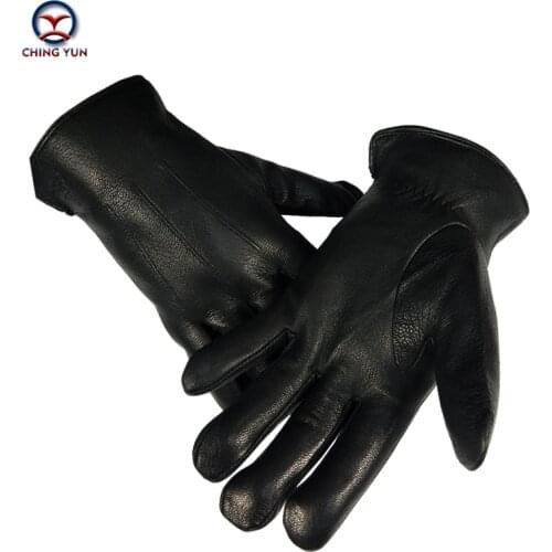 CHINGYUN2020 hot sale high quality leather real wool mens black Decorative stripes Winter Super Warm Wool Drawstring Gloves