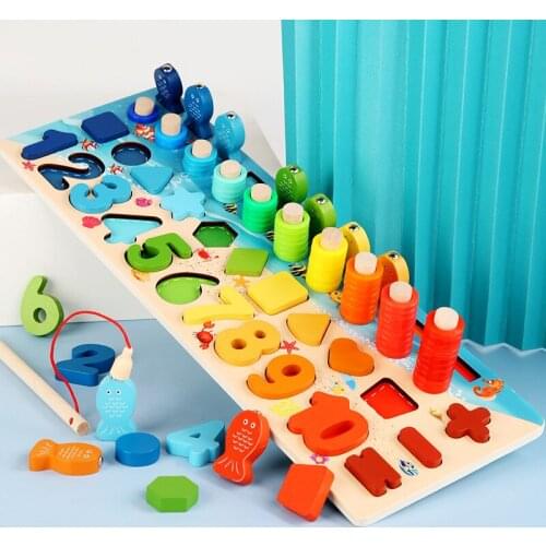 3D Preschool Children Educational Toys Wooden Montessori Arithmetic Magnetic Fishing Digital Shape Matching Building Block Toys