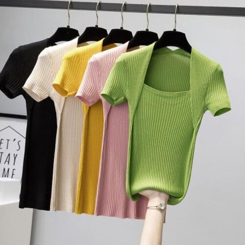 Short Sleeve T-shirts Knitted Top Black Streetwear Square Collar Tshirt Female Clothing Basic Blouses Women Pulovers Camis Girls