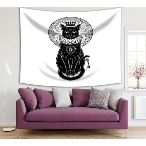Tapestry Cat Portrait with Secret Key Moon Mandala at the Back Magical Ethnic Artwork Black White