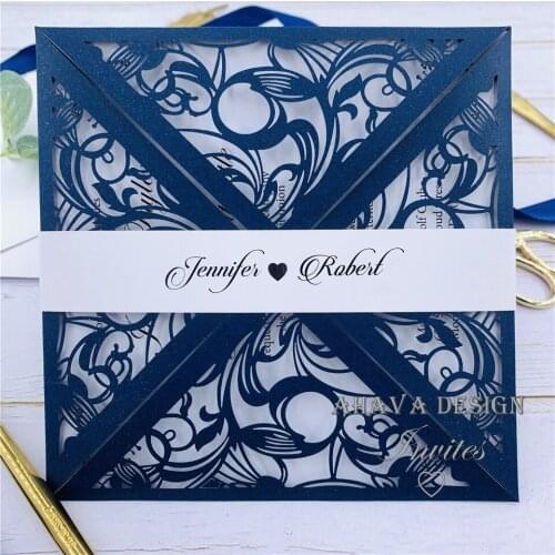 Classic Navy Invites, Square Flower Laser Cut Wrap With Customized Belly Band