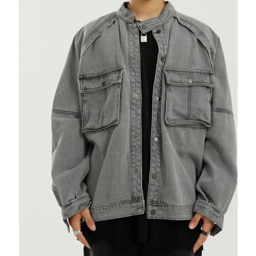 2021 New Men Vintage Low Shoulder Stand Collar Casual Loose Denim Jacket Male Streetwear Hip Hop Jeans Coat Outerwear