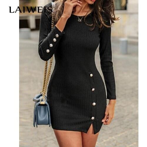 LAIWEIS 2021 Fashion Sexy O Neck Slim Womens Mini Dress Spring Autumn Casual Solid Long Sleeve Buttons Split Ladies Thin Dress