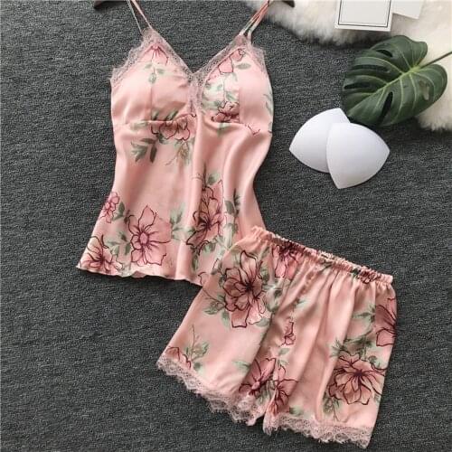 Summer Lace Floral Womens Pajamas Set V-Neck Satin Nightie For Women Sexy Lingerie Sleepwear Pajamas Nightwear Home Clothes