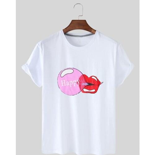 SummerNew Lip Bubble Happy Print Lady Short Sleeve Round Collar T-shirt Comfortable Lady Casual Shirt Lady Blouse GraphicT-shirt