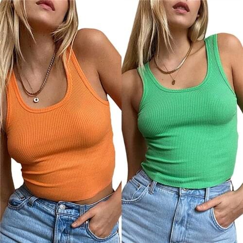 Women Summer Sexy Tank Tops, Solid Color Ribbed U-Shape Neck Sleeveless Form-Fitting Vest for Girls, White/Green/Orange, S/ M/ L