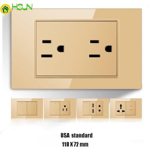 Taiwan American Brazil Thailand Italy standard USB gold tempered glass switch socket 118 type wall socket panel dimming 16A