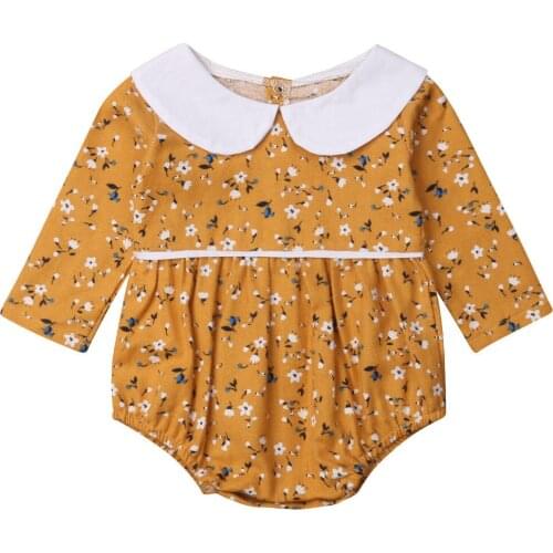 Cute Newborn Baby Girl Floral Peter Pan Collar Romper Jumpsuit Autumn Long Sleeve Outfits Clothes Baby Girl Cotton Tops