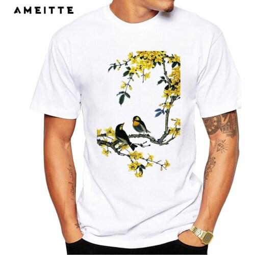 AMEITTE Fashion Chinese painting flowers and birds T-Shirt Men Art Design White Print T Shirt High Quality Hipster Male Tops Tee
