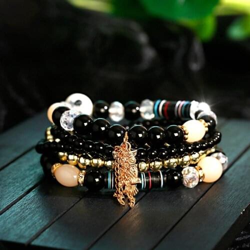 Bohemian Round Beads Multilayered Set Bracelets For Women Jewelry Handmade Chains Bangle 5pcs Beaded Crystal Owls Ethnic Pendant