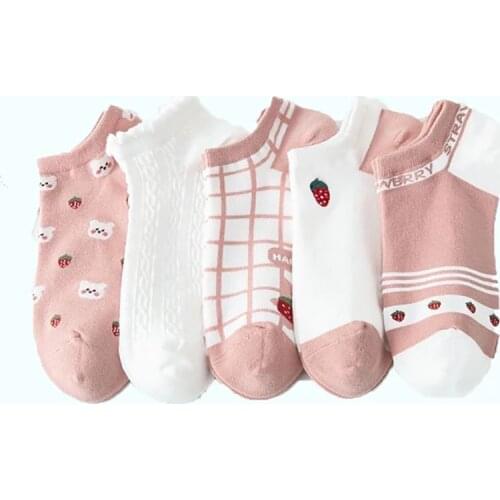 5 Pair Korean Style Women Socks Pack Happy Cotton Strawberry Thin Short Summer Ankle Socks Kawaii Cartoon Embroidery Wholesale
