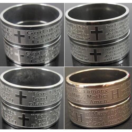 Wholesale 50pcs Engraved Religious Ring Mix Etched Jesus Bible Prayer Stainless Steel Ring Religion Faith Jewelry Size 17-22mm