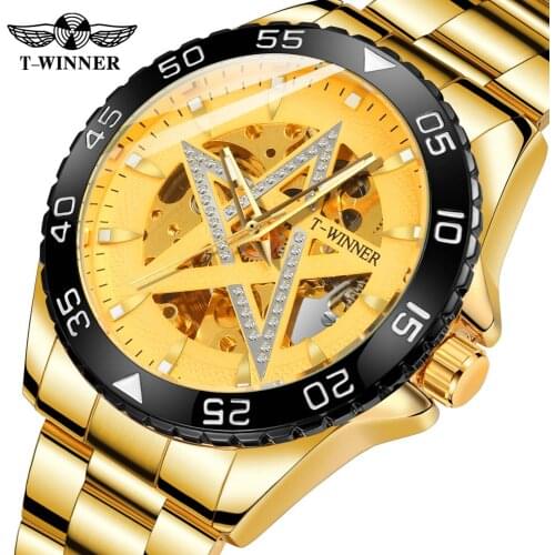 T-winner Mens Latest Fashion Star Analogue Dial Automatic Skeleton Unique Design Watch with Stainless Steel Bracelet WRG8192M4