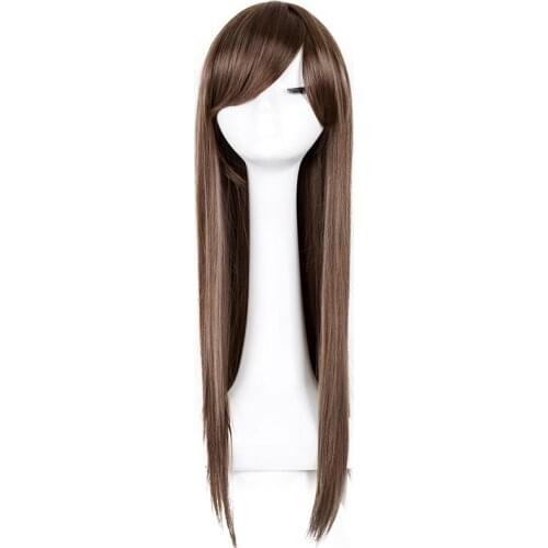 Fei-Show Light Brown Wig Synthetic Heat Resistant Fiber Long Straight Women Female Hairpiece Inclined Bangs Oblique Fringe Hair