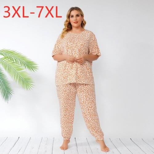 New 2021 Summer Plus Size Pajamas For Women Large Short Sleeve Loose Print T-Shirt And Pants Home Wear Suits 3XL 4XL 5XL 6XL 7XL