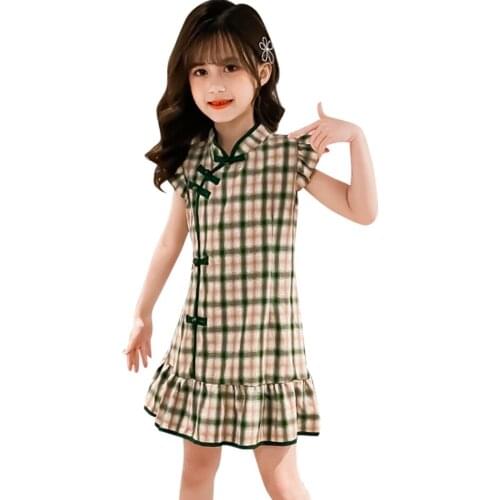 Chinese style Dresses For Girls Plaid Pattern Girls Dresses Summer Dress For Kids Casual Style Childrens Clothing 6 8 10 12 14