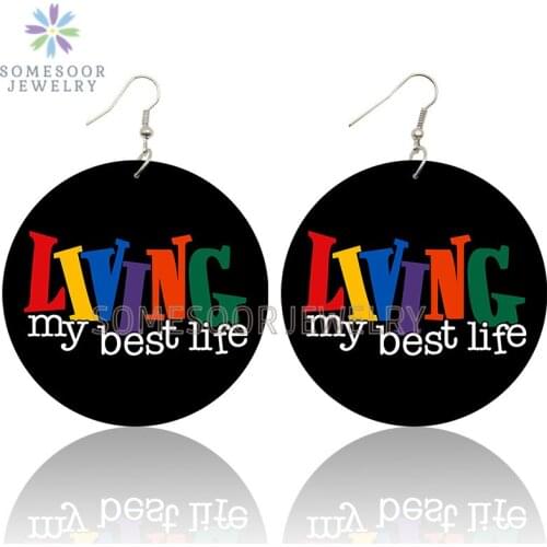 SOMESOOR Living My Best Life African Wooden Drop Earrings Inspire Sayings Both Sides Printed Wood Loops Pendant For Women Gifts
