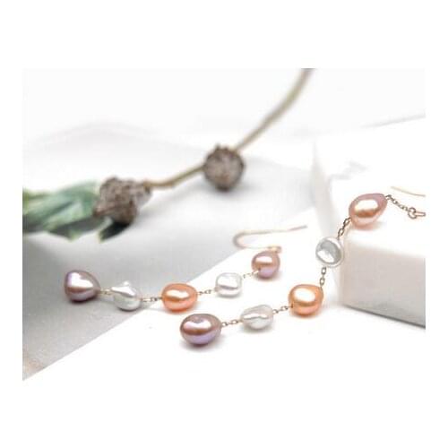 Luminous 5-6mm Natural Keshi Multicolor Pearl Long Drop Earrings 18k Yellow Gold