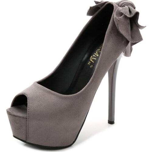 Fashion Butterfly Knot Womens Pumps Ladies Suede Peep Toe Heels High Quality Party Wedding Office Work Shoes