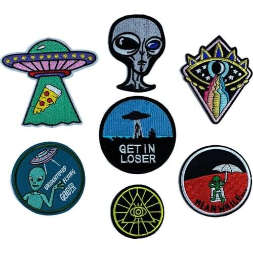 Funny UFO Pizza Alien Cartoon Sticker Embroidered Sew on Iron on Children Gift Patch Fot Clothes Bag Cap
