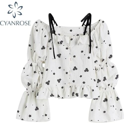 2021 New Sexy Flare Sleeve Lace-Up Suspender Temperament Floral Shirt Womens Autumn French Off-Shoulder Chic Ruffle Top Female