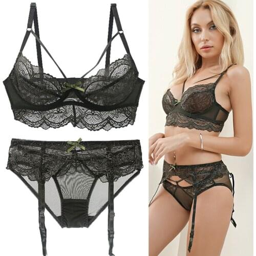 Women Sexy Lace 3 Pcs Bras+garters+briefs Underwear Black White Red Purple Green Plus Size Bra Set 32 34 36 38 40 42