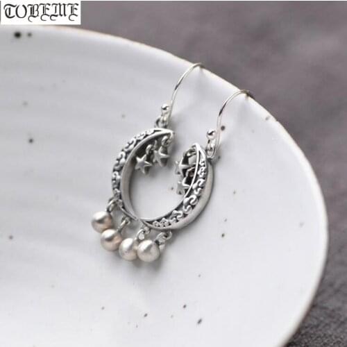 Handcrafted 100% 925 Silver Moon Star Earrings Thailand 925 Sterling Women Earrings Vintage Silver Bohemia Drop Earrings