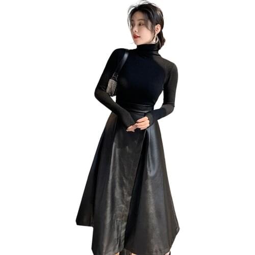 2020 Autumn INS Hot 2 Piece Set High End Women Suit Full Sleeve Turtleneck Knit Top and PU Skirt Two Piece Set Party Vestidos