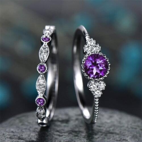 2pcs Women Purple Slightly Jewelled Ring Silver Luxury Romance Fashion Finger Purple Jewel Finger Rings Girls Number 6/7