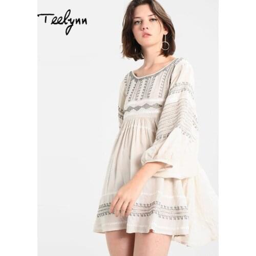 TEELYNN Boho mini dress 2018 floral Embroidery puff sleeve loose sexy backless Casual dresses short a-line women dress vestido