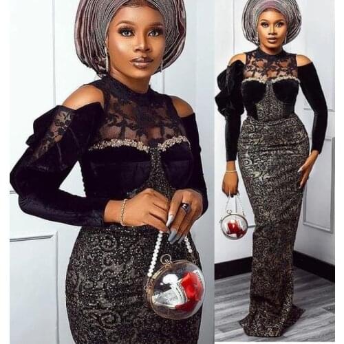 2022 Black Arabic Aso Ebi Lace Sheath Prom Dresses Beaded Long Sleeves Evening Formal Party Second Reception Gowns Dress
