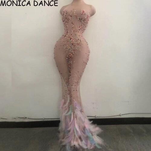 Women Sexy Stage Multicolor Beading See Through Mesh Mermaid Long Dress Women Bodycon Perspective Evening Party Feathers Dress