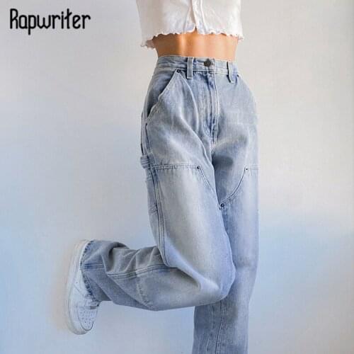 Rapwriter Y2K Blue Jeans Casual Women Denim Pants 90S High Waist Trouser Pockect Straight Pants Harajuku Streetwear Korean 2021