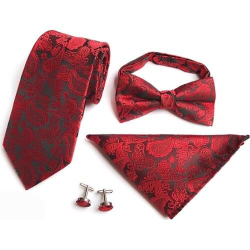 GUSLESON New Classic Tie Set 8cm Silk Jacquard Mens Necktie Gravata Hanky Cufflinks Bowtie Set Mens Tie for Wedding Party Gift