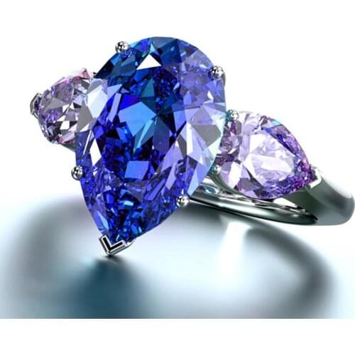 Huitan Water Drop Wedding Rings With Blue&Purple Triple Shinny Tear Drop Cubic Zircon Stone Luxury Women Party Finger Jewelry