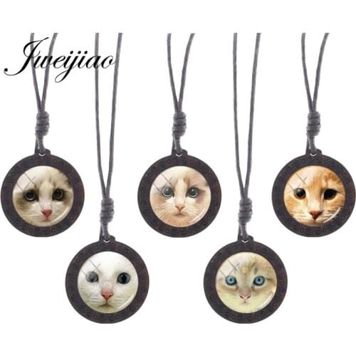 JWEIJIAO Cute Cat Face Picture Glass Cabochon Dome Necklaces Wooden Pendant Fashion Classic Jewelry For Women Party Gifts CN291