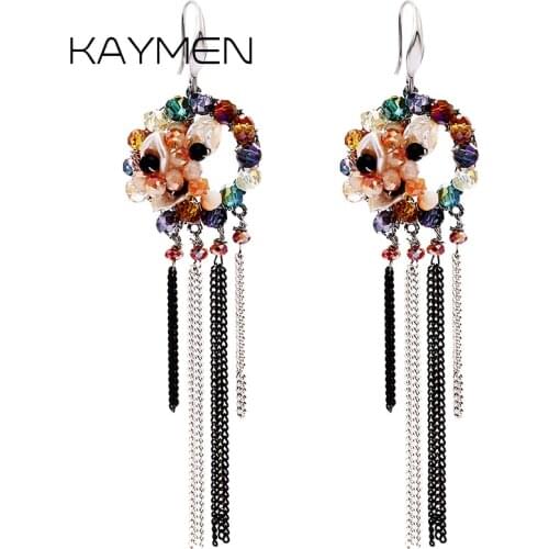 KAYMEN Unique Handmade Crystal Tassels Long Earrings for Women Golden Plated Fashion Weaving Drop Dangle Earrings EA-04151