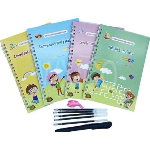 New 4 Books/Sets of Magic Exercise Book, Reusable Childrens drawing toys Copybook Montessori 3D Calligraphy