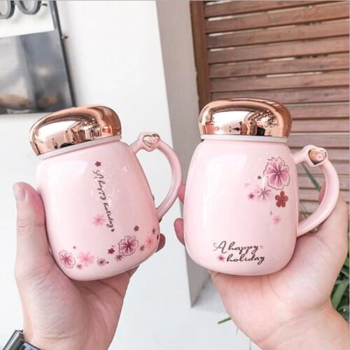Sweet Pink Ceramic Mug With Mirror Cover For Coffee Girls Fresh Lovely Mugs With Sealed Lid Office Flower Tea Cup