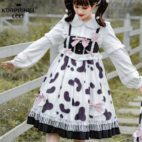 Sweet Women Lolita Jsk Dress Straps Sling Cute Girls Bows Ruffles High Waist Cow Print Cosplay Party Shirt/Jacket Spring Summer