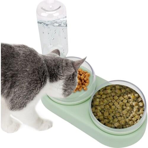 Pet Cat Bowl With Water Fountain Dog Cat Food Bowl Automatic Feeder 500ML Raised Stand Dish Bowls For Cats Double Bowl Drinking