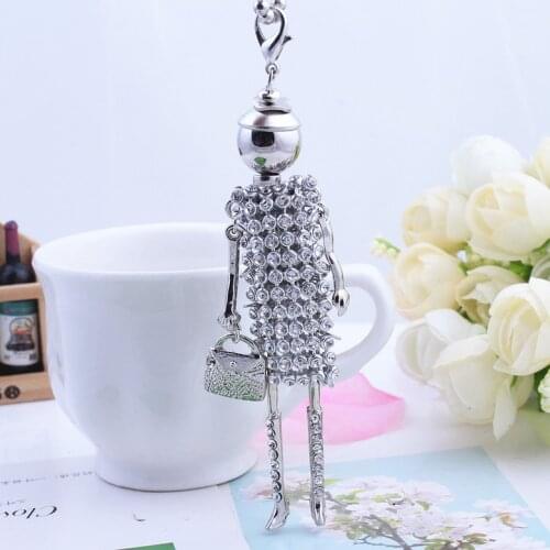2019 Fashion Long Girl Doll Pendant Necklace Charm Full Rhinestone Shiny Dress Doll Jewelry Necklace Women Pink/blue/Black/White