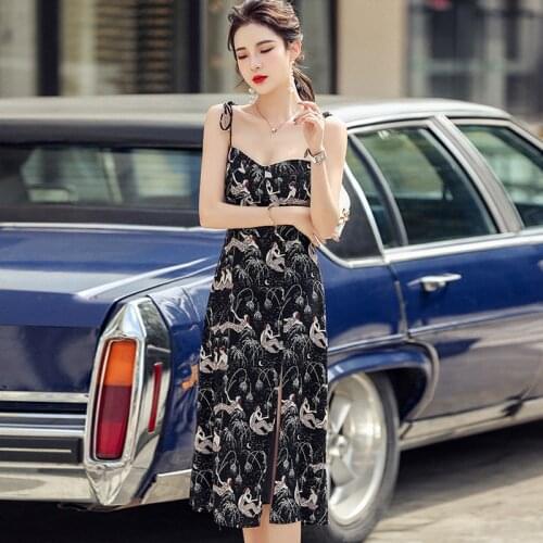 Fashion Summer Retro Print Midi Party Dress Ladies Streetwear Elegant Sexy Strap Sleeveless Casual Beach Holiday Vacation Dress