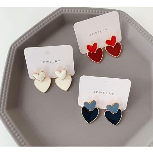 Fashion Double Heart Pendant Earrings For Women Girls Classic Design Drop Oil Geometric Charms Stud Ear Jewelry Party Gifts