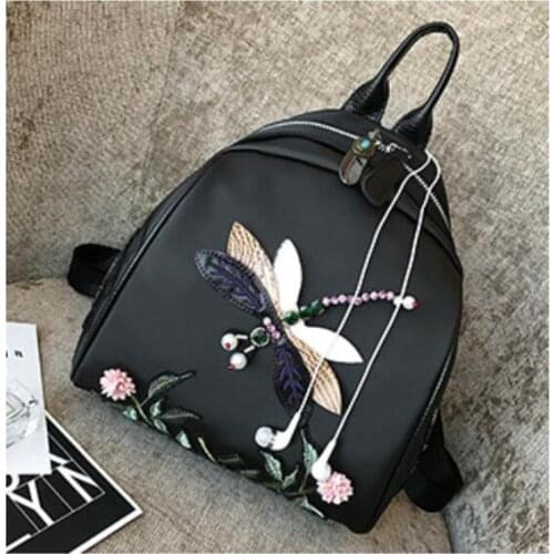1 piece nylon Backpack High Quality School Bag for Teenage Girls Handmade Dragonfly Embroidery Shoulder Female Backpack