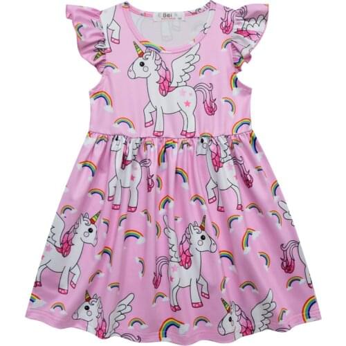 2020 New Girls Summer Milk Ice Silk Fly Sleeve Dress Baby Girl Cartoon Printing Princess Dresses Kids Fashion Clothes 2-7 Y