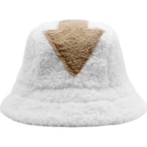 New Women Lambswool Cap Bucket Hats Winter Warm Fishermans Hat Arrow Symbol Printing Flat Top Caps